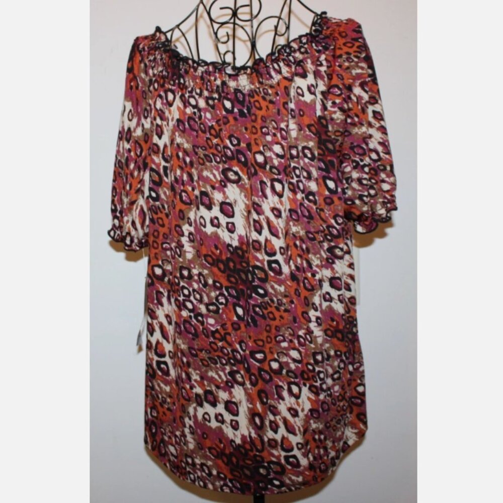 Cheetah Print Top Tan Multicolor Shirt XL NWT Convertible Stretch Neck Blouse